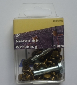 Siernieten + gereedschap 9.0mm (24 stuks), Oudmessing